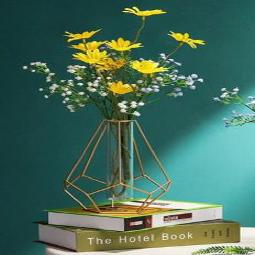 Hex Shape Metal Wire Glass Tube Vase Golden